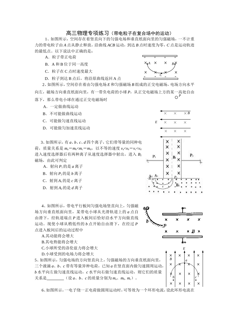高三物理专项练习（带电粒子在复合场中的运动）_第1页
