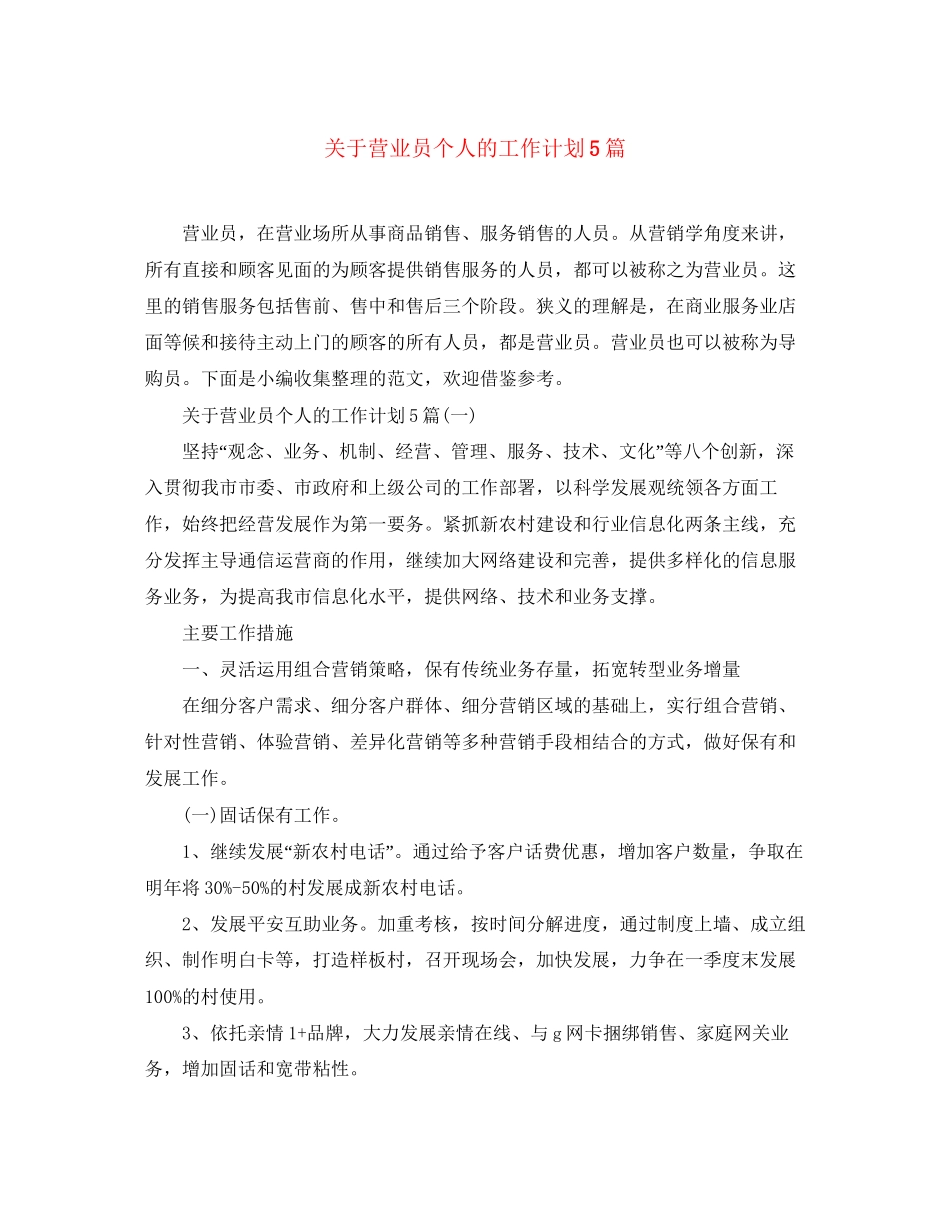 关于营业员个人的工作计划5篇_第1页