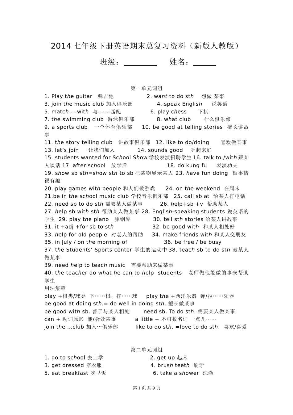 2014七年级下册英语期末总复习资料_第1页