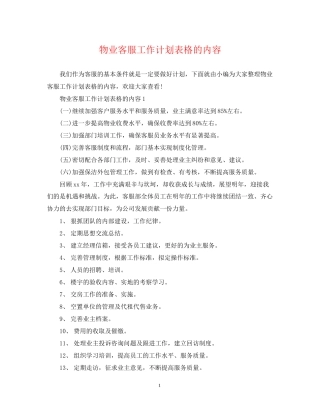 物业客服工作计划表格的内容