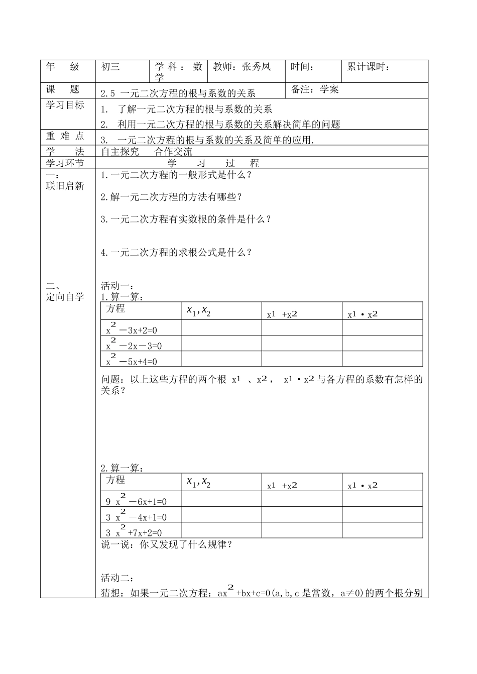 一元二次方程的根与系数的关系2015-4-12_第1页