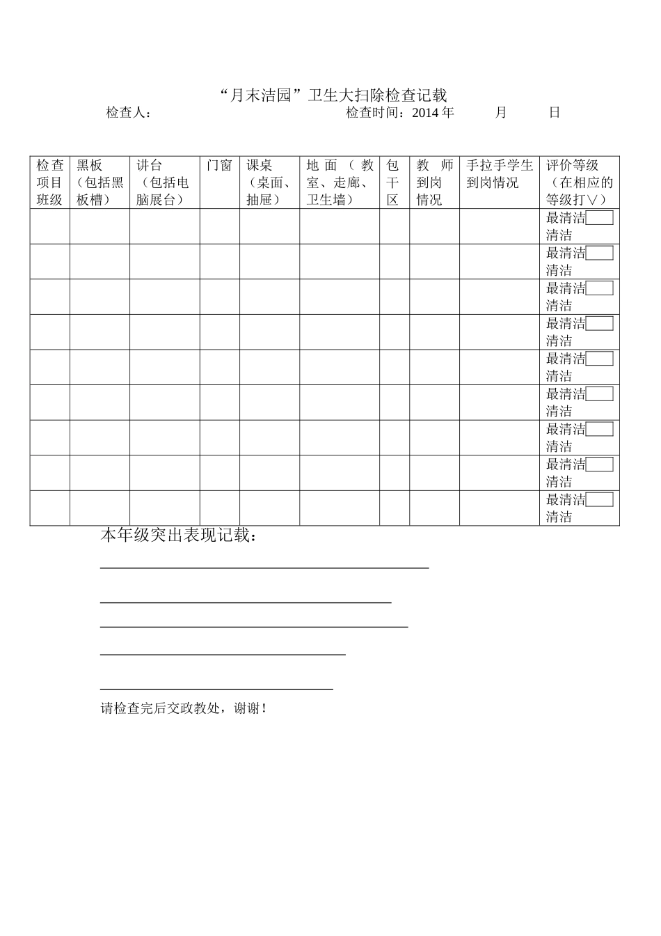 月末清洁家园”卫生大扫除检查记载_第1页