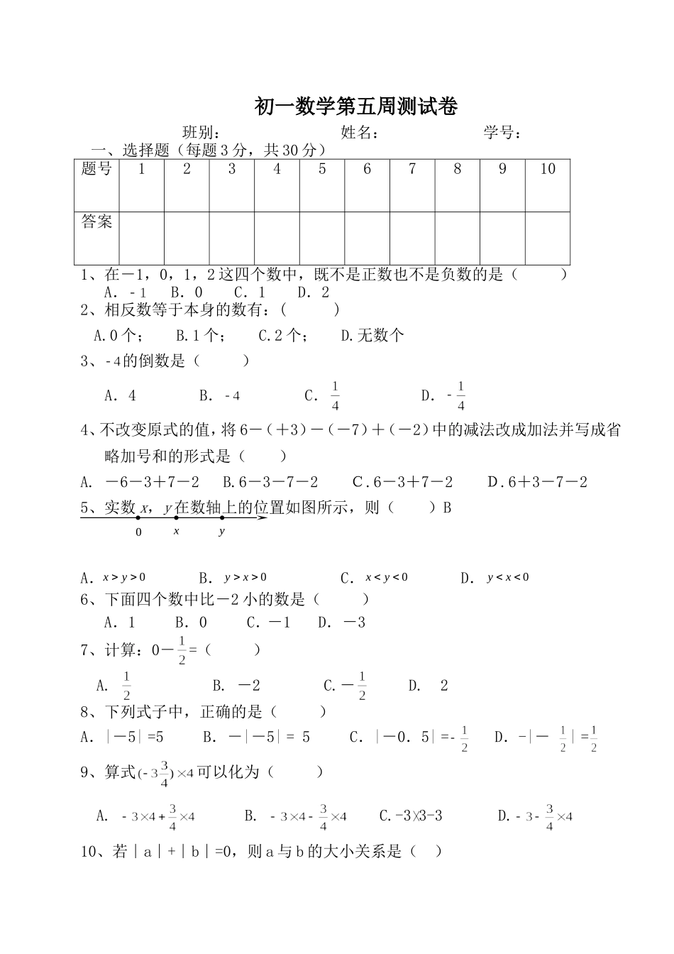 初一数学第五周测试卷_第1页