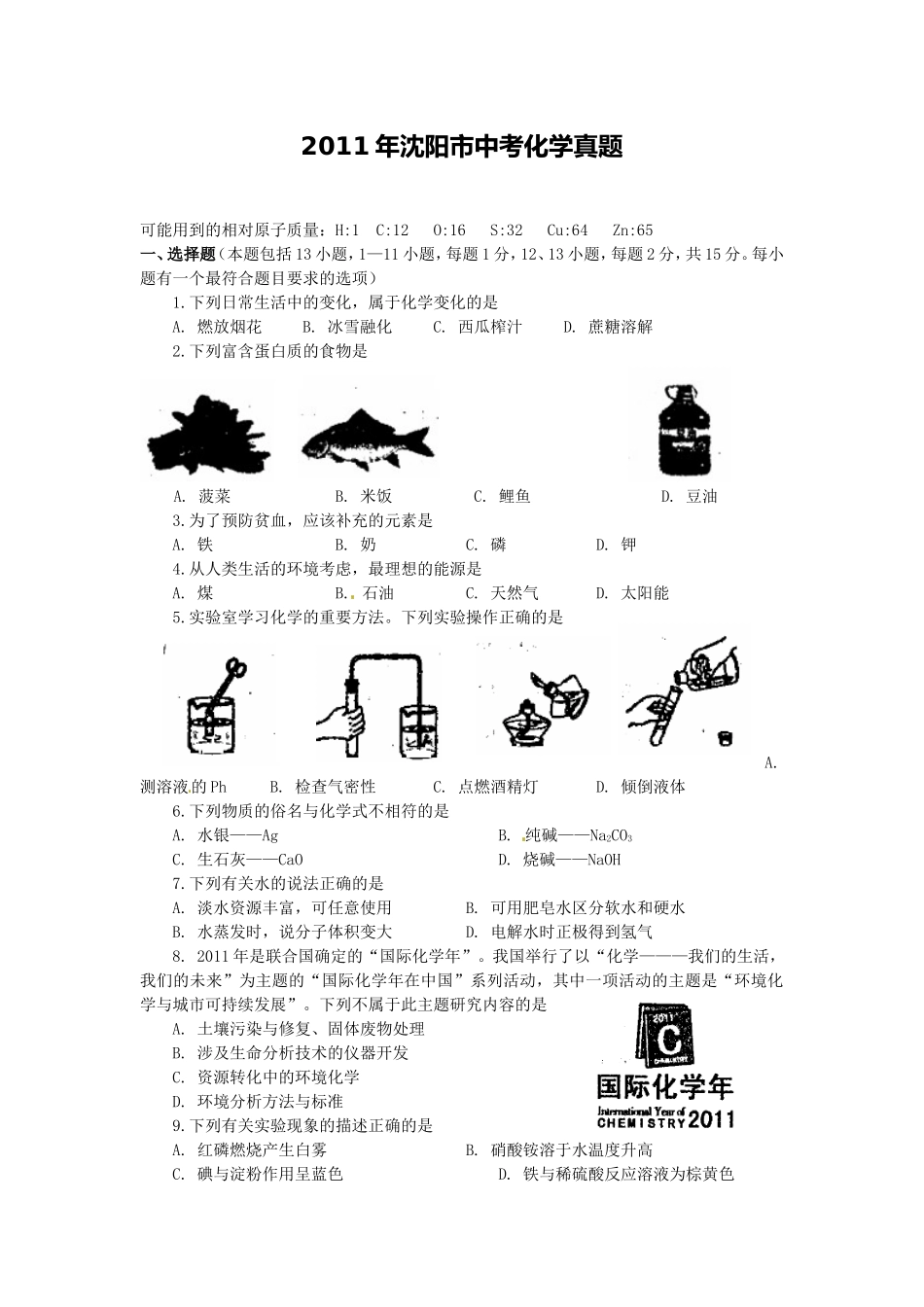 2011年沈阳中考化学真题及答案(排版精美)_第1页