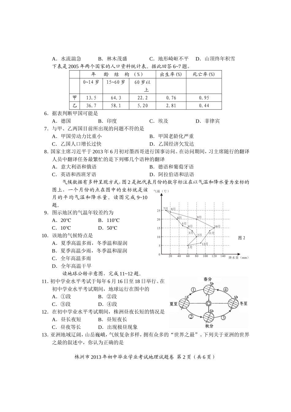 2013年株洲地理中考试卷（正题）_第2页