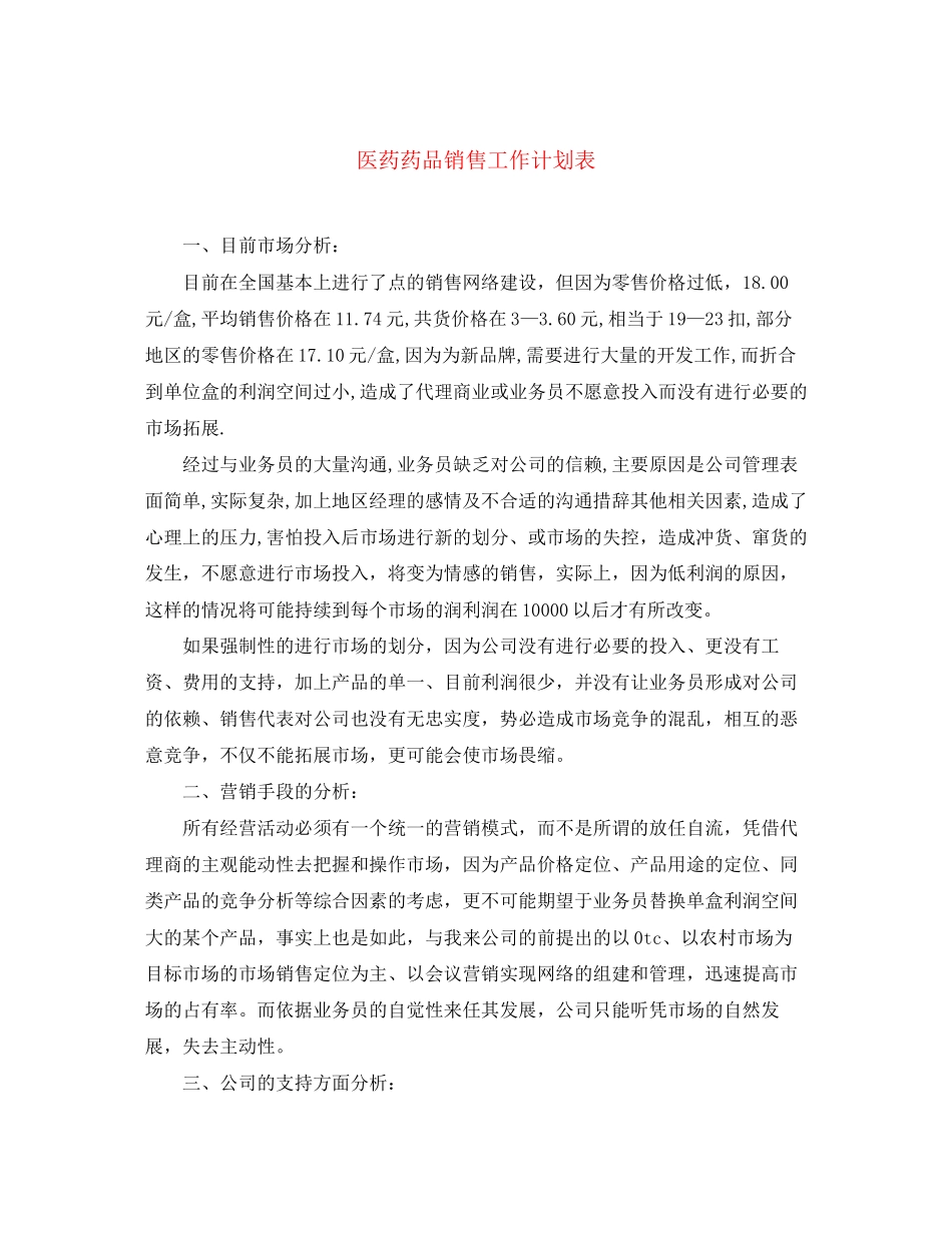 医药药品销售工作计划表_第1页