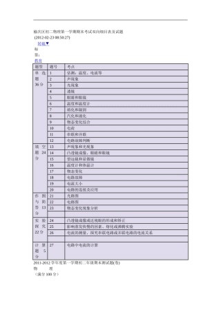 榆次区初二物理第一学期期末考试双向细目表及试题