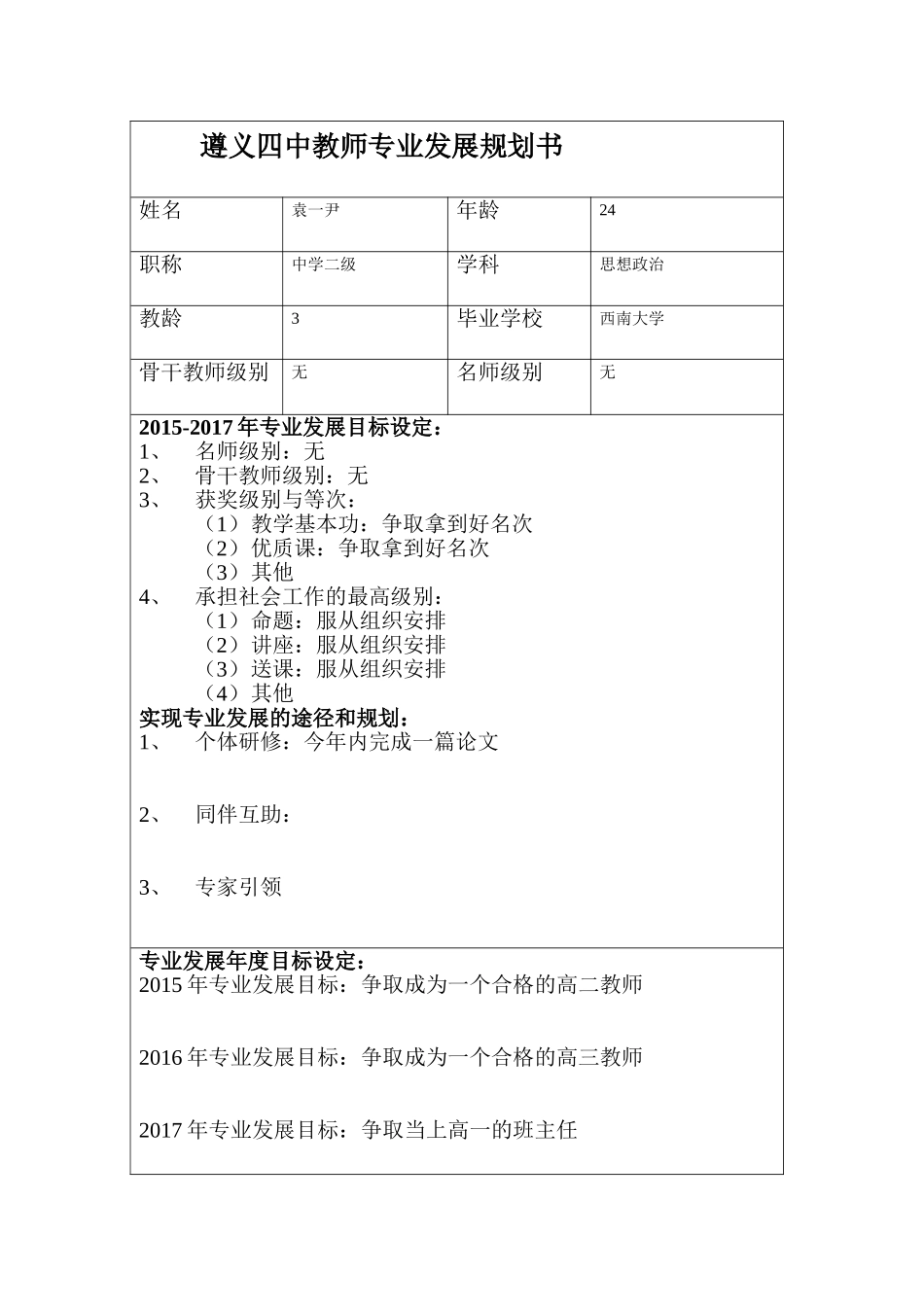 袁一尹---遵义四中教师专业发展规划书_第1页