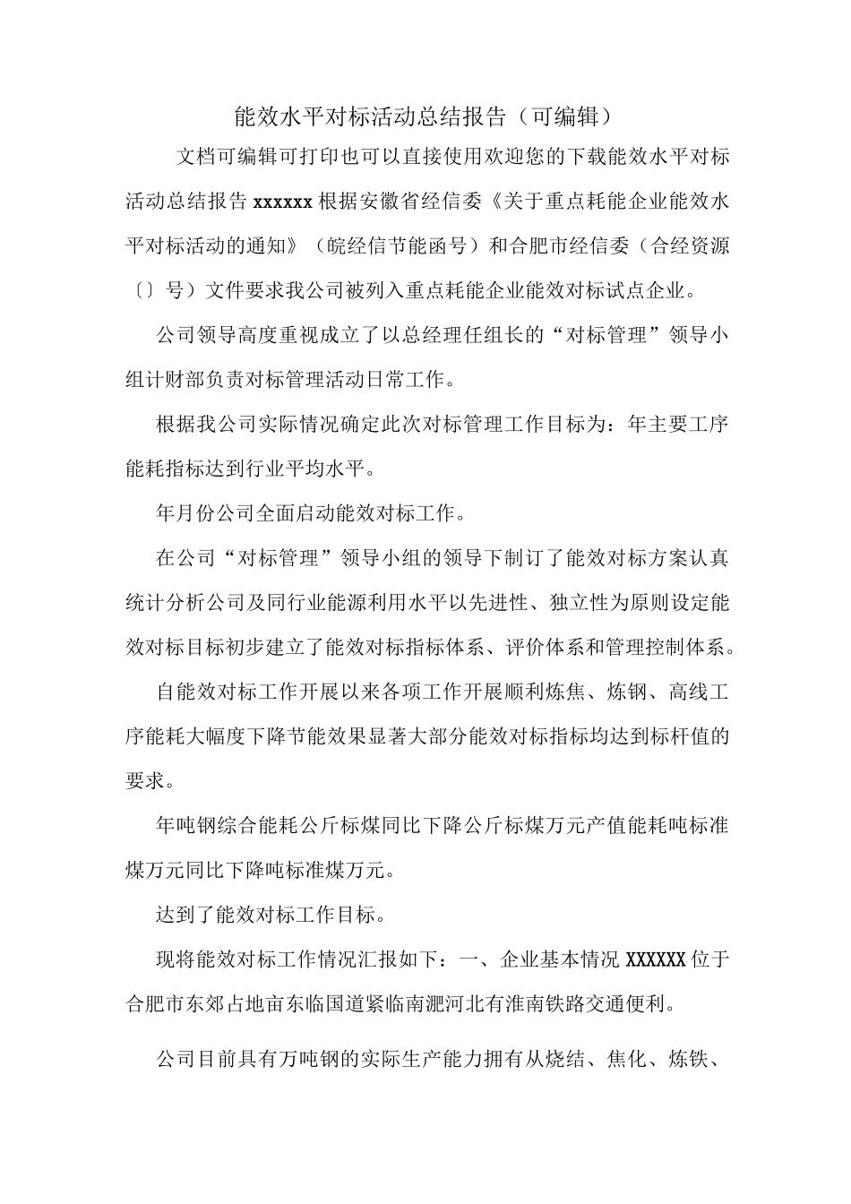 能效水平对标活动总结报告(可编辑)_第1页