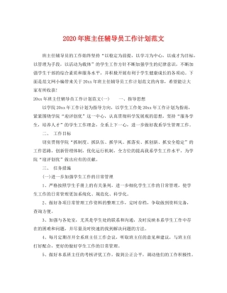 2020年班主任辅导员工作计划范文