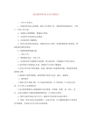 幼儿园中班11月月计划范文