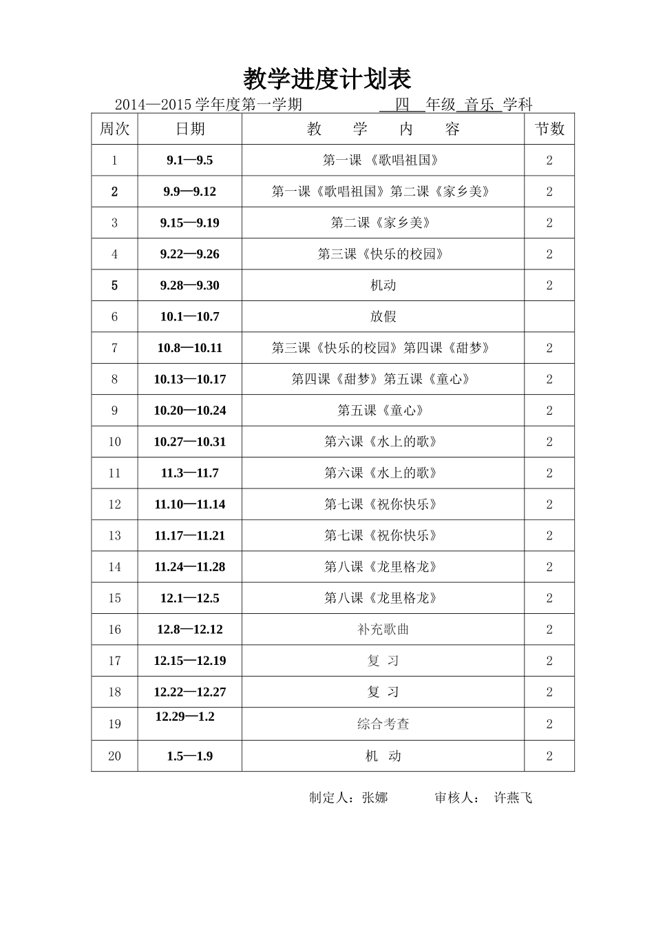教学进度计划表四年级音乐（上）_第1页