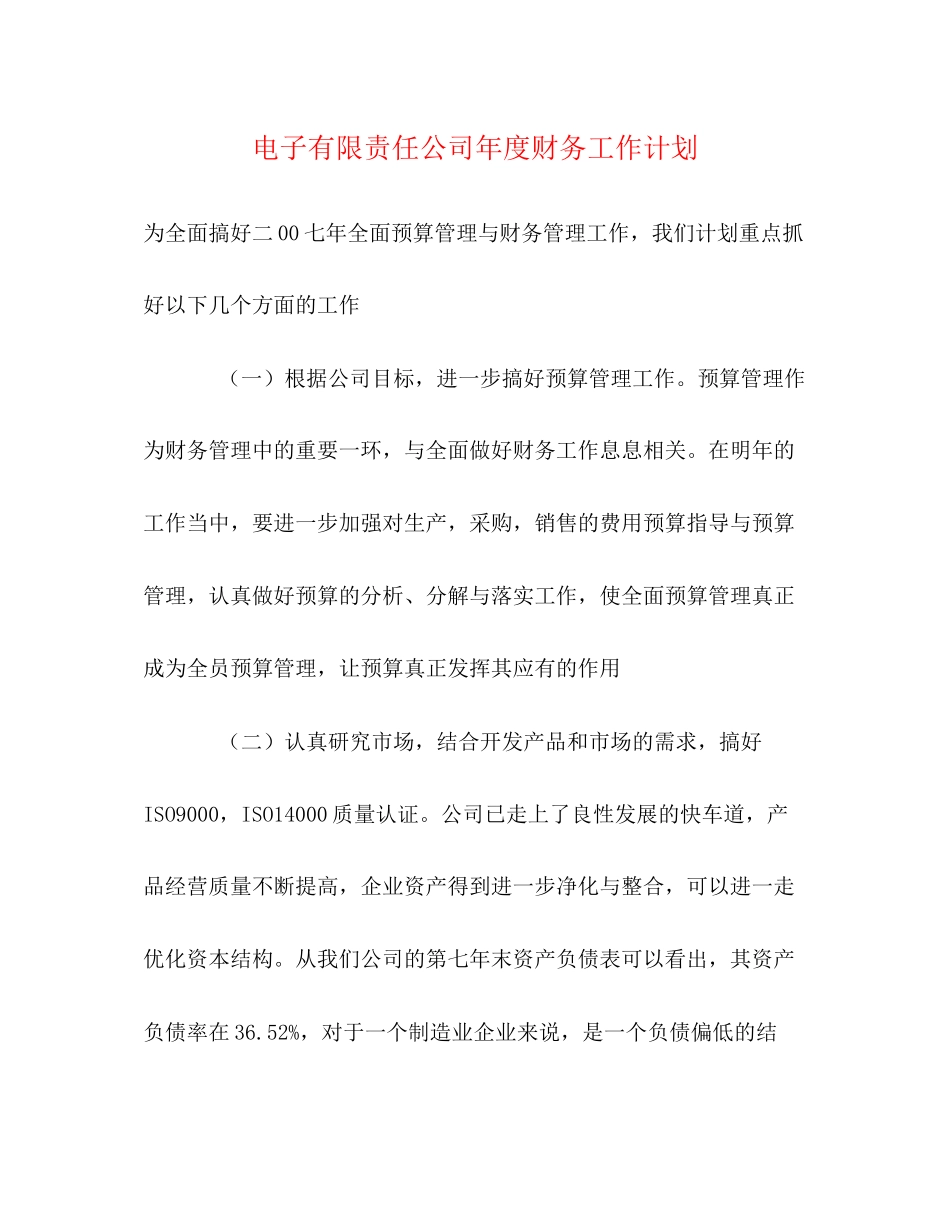 电子有限责任公司年度财务工作计划_第1页