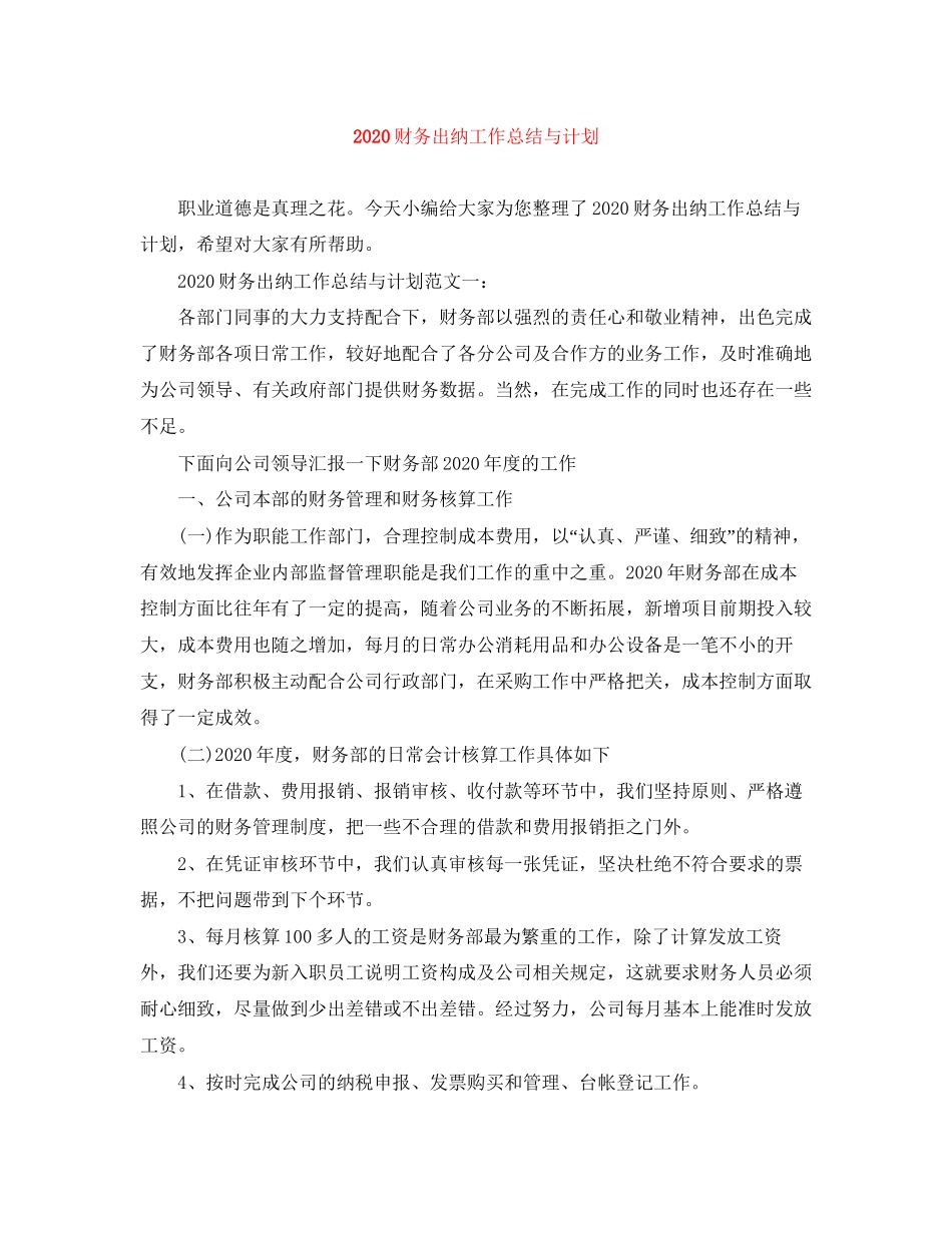 财务出纳工作总结与计划_第1页