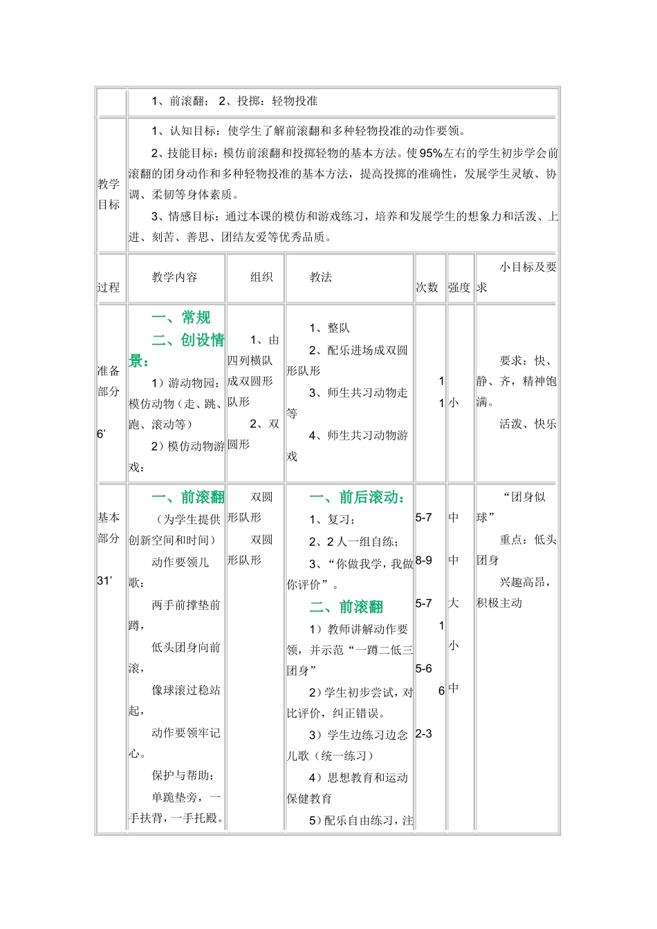 《前滚翻，轻物投准》教学设计_第1页