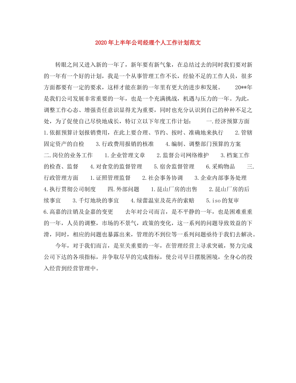 2020年上半年公司经理个人工作计划范文_第1页