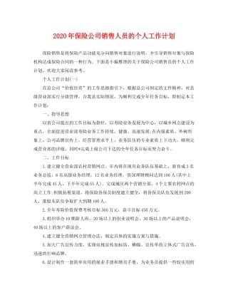 2020年保险公司销售人员的个人工作计划