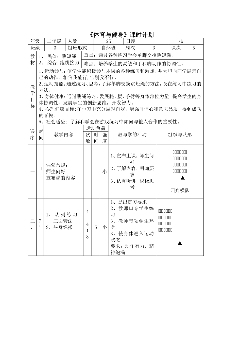 二年级跳绳体育课教案_第1页