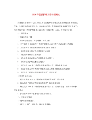 2020年优质护理工作计划例文