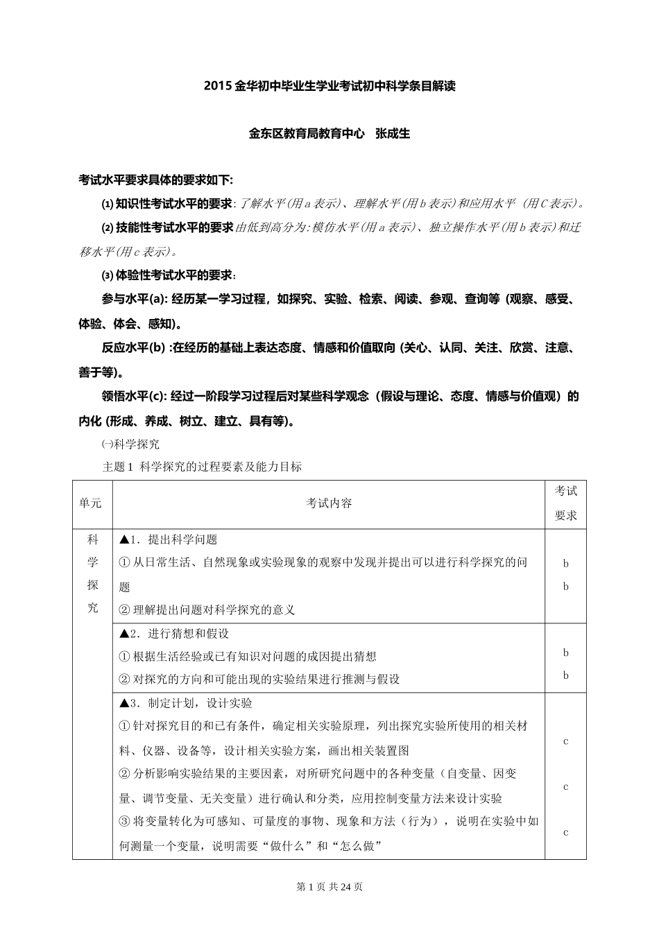 2015金华市科学学业考试条目(分析)(1)_第1页