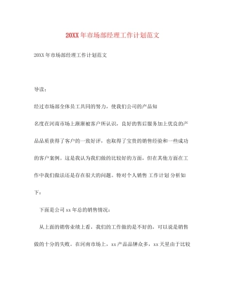 市场部经理工作计划范文