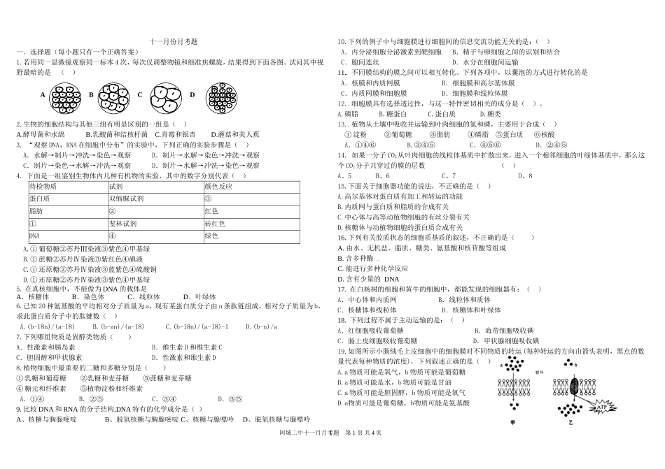 高中生物必修一11月月考题_第1页