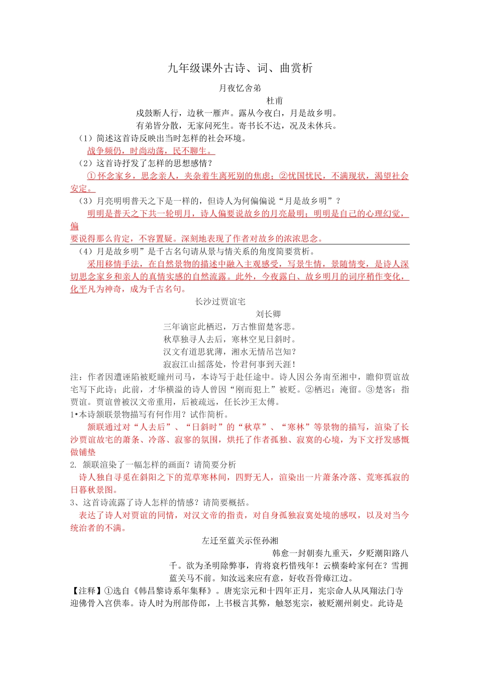 九年级课外古诗、词、曲赏析_第1页