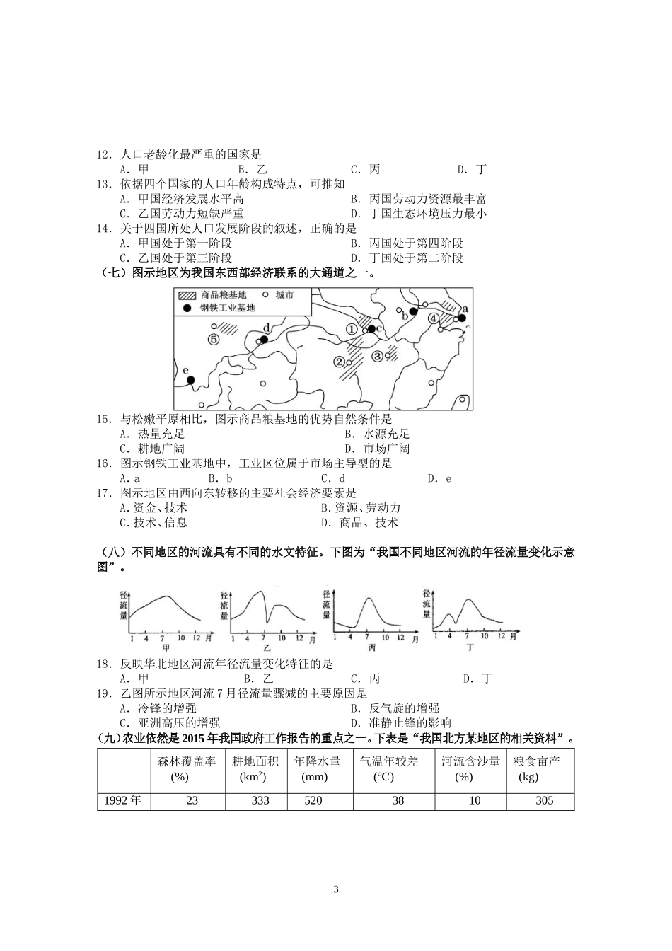 浦东新区2015年4月高三地理试卷_第3页
