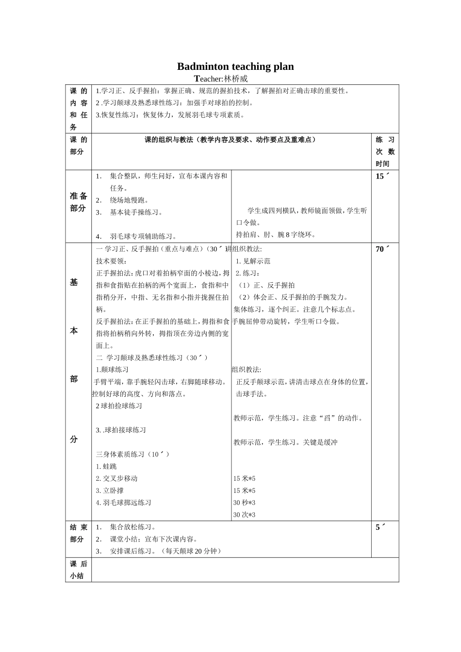 本学期高中羽毛球课系统教学教案_第1页
