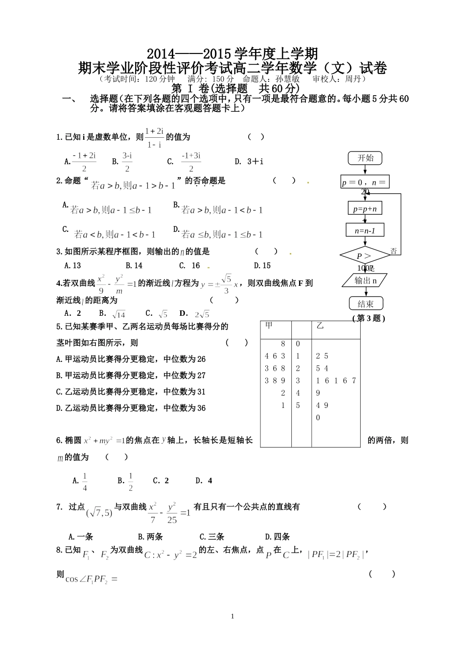 2014-2015高二下学期期末考试数学试题文A4_第1页