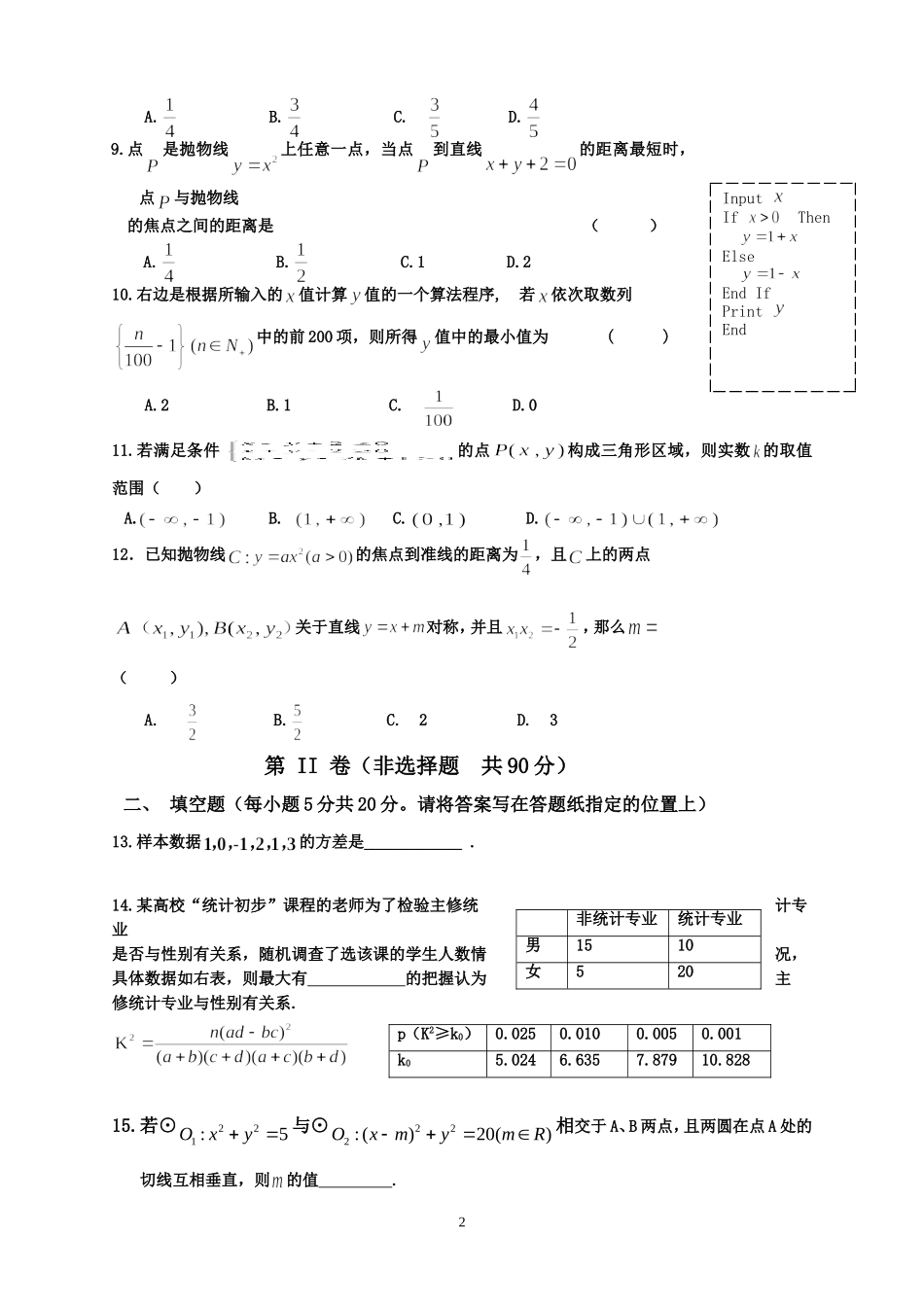 2014-2015高二下学期期末考试数学试题文A4_第2页