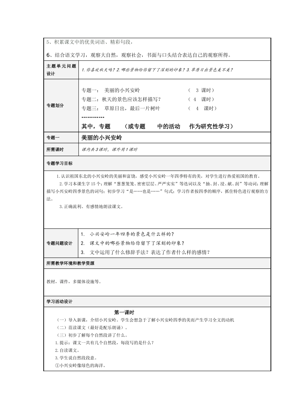 小学语文《爱大自然》主题单元教学设计及思维导图_第3页