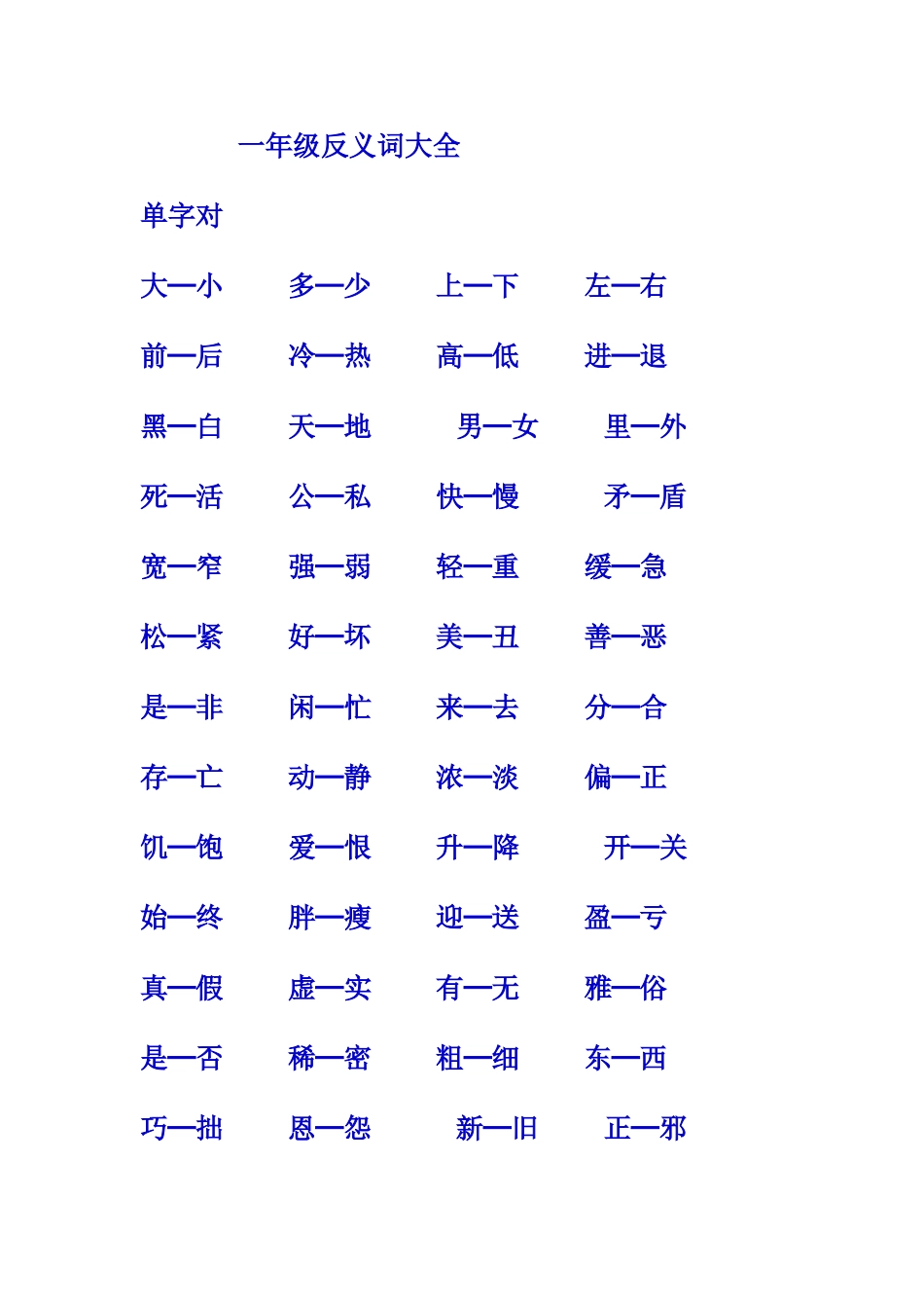 一年级反义词大全_第1页