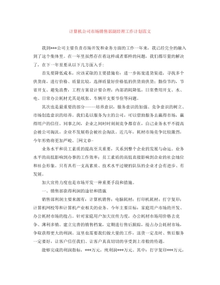 计算机公司市场销售部副经理工作计划范文