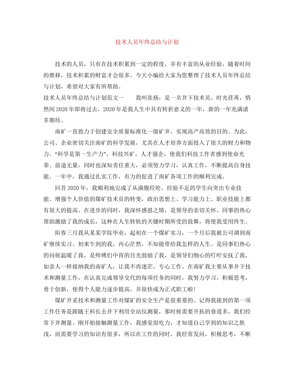 技术人员年终总结与计划_第1页