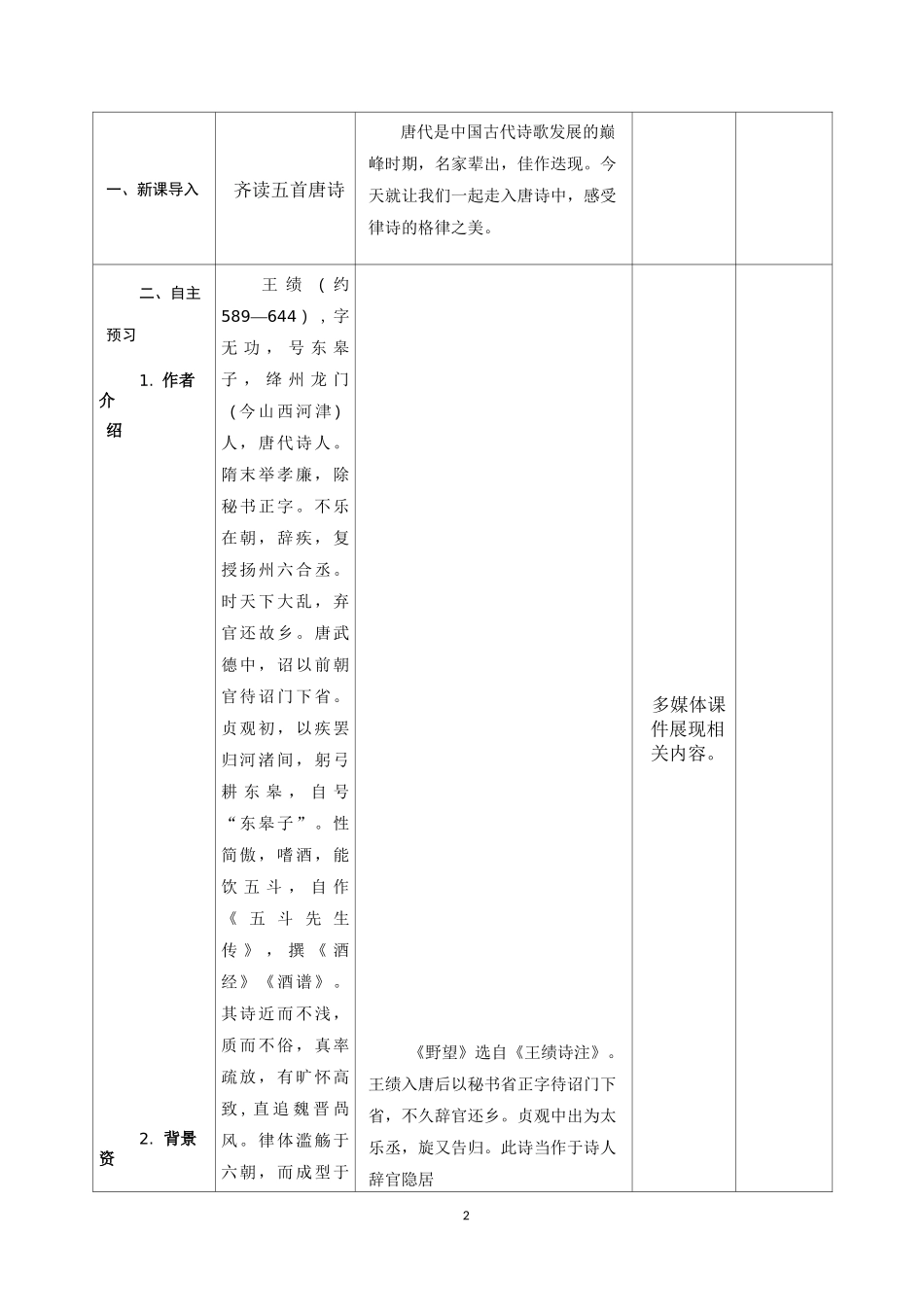 人教版八年级语文上册《唐诗五首》教学设计1_第2页