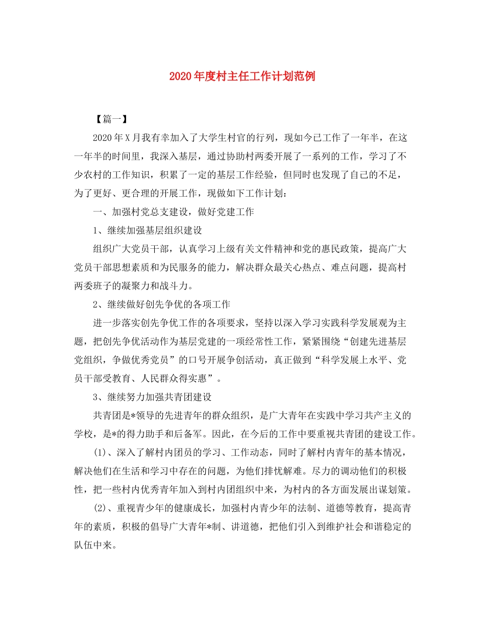 2020年度村主任工作计划范例_第1页