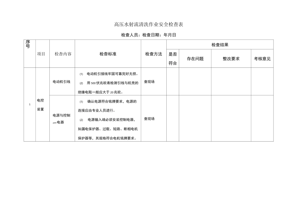 高压水射流清洗作业安全检查表_第1页