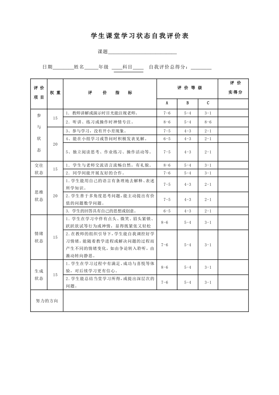 学生课堂学习状态评价表_第1页