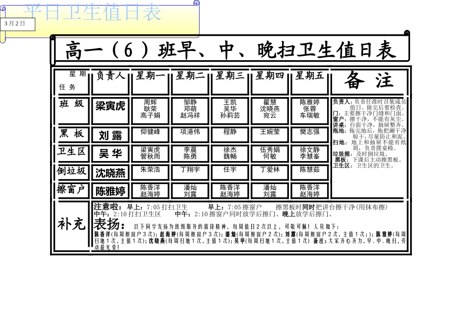高一（6）班平日卫生值日表10月_第1页