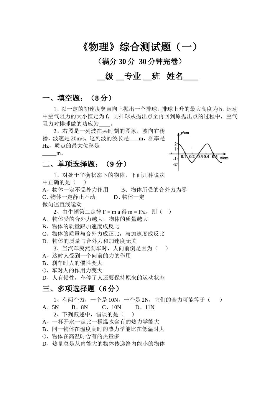 职高物理复习综合测试题(1-13)_第1页