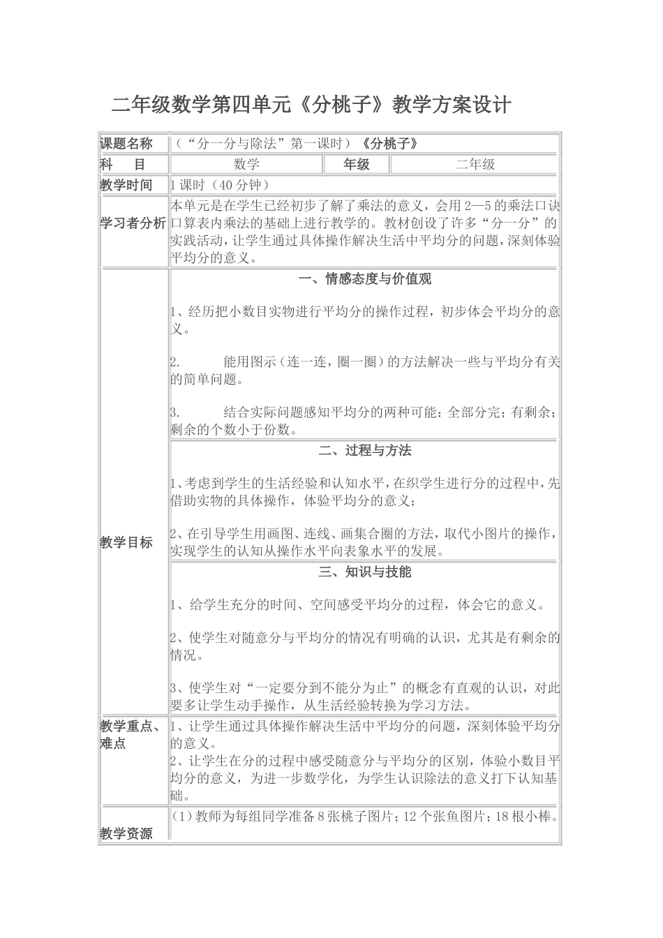 二年级数学《分桃子》教学设计_第1页