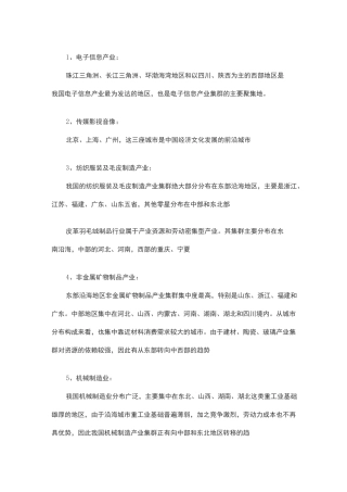 中国各产业主要分布地区