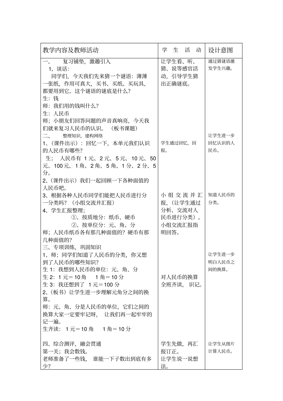 一下认识人民币复习课教学设计_第2页