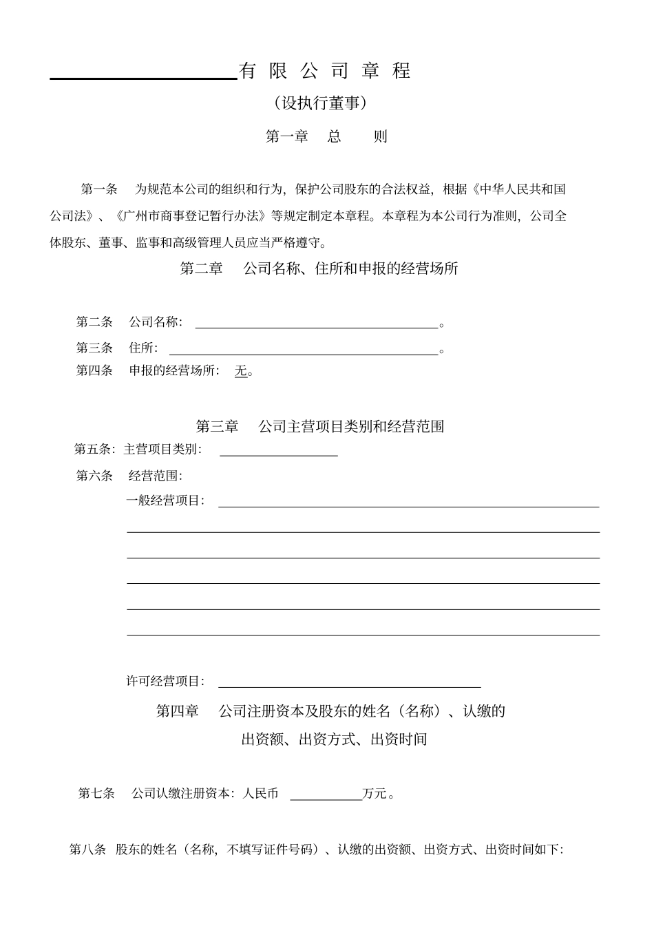 一人有限公司章程设执行董事范本_第1页