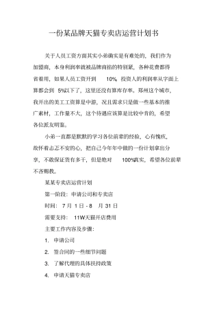 一份某品牌天猫专卖店运营计划书