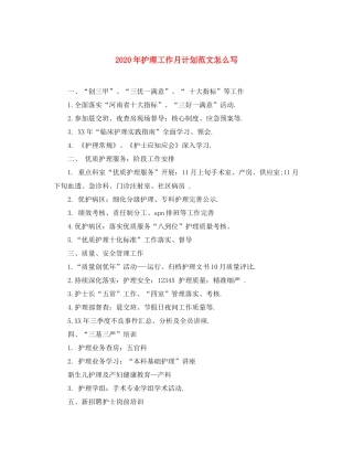 2020年护理工作月计划范文怎么写
