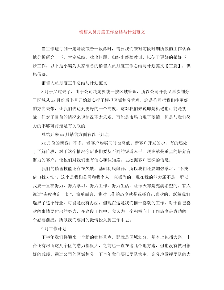 销售人员月度工作总结与计划范文_第1页