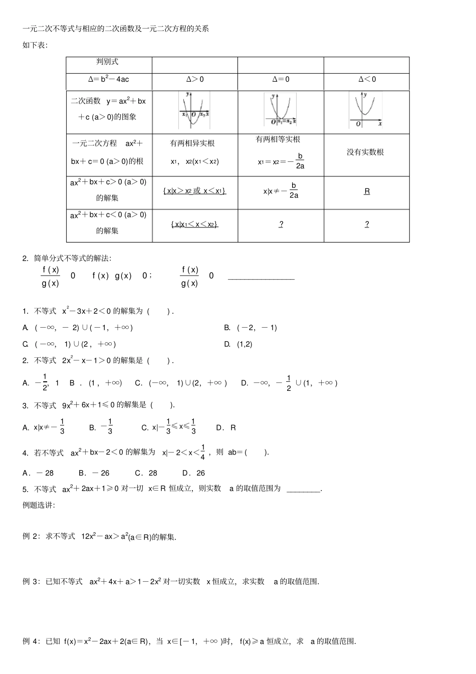一元二次不等式分式不等式的解法_第1页
