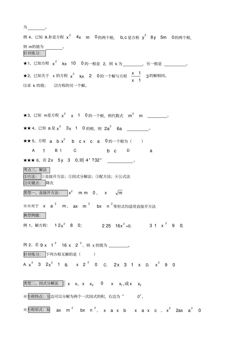 一元二次方程专题复习讲义知识点考点题型总结huseok_第2页